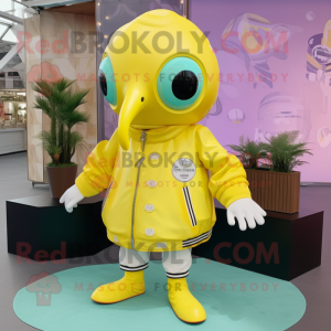 Lemon Yellow Kraken mascot costume character dressed with a Bomber Jacket and Necklaces