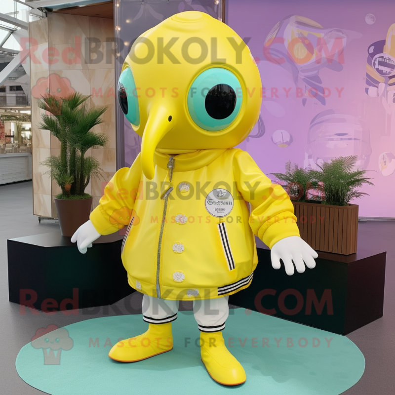 Lemon Yellow Kraken mascot costume character dressed with a Bomber Jacket and Necklaces Lemon Yellow Kraken mascot costume character dressed with a Bomber Jacket and Necklaces