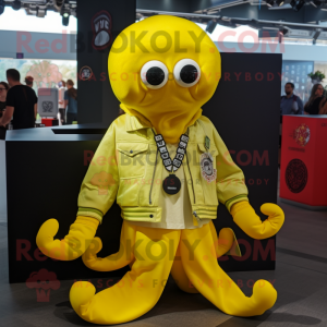 Lemon Yellow Kraken mascot costume character dressed with a Bomber Jacket and Necklaces