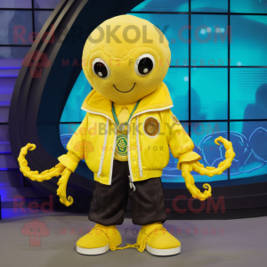 Lemon Yellow Kraken mascot costume character dressed with a Bomber Jacket and Necklaces