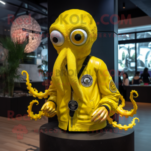 Lemon Yellow Kraken mascot costume character dressed with a Bomber Jacket and Necklaces