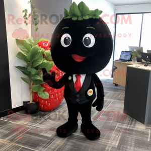 Black Strawberry mascot costume character dressed with a Suit Pants and Earrings