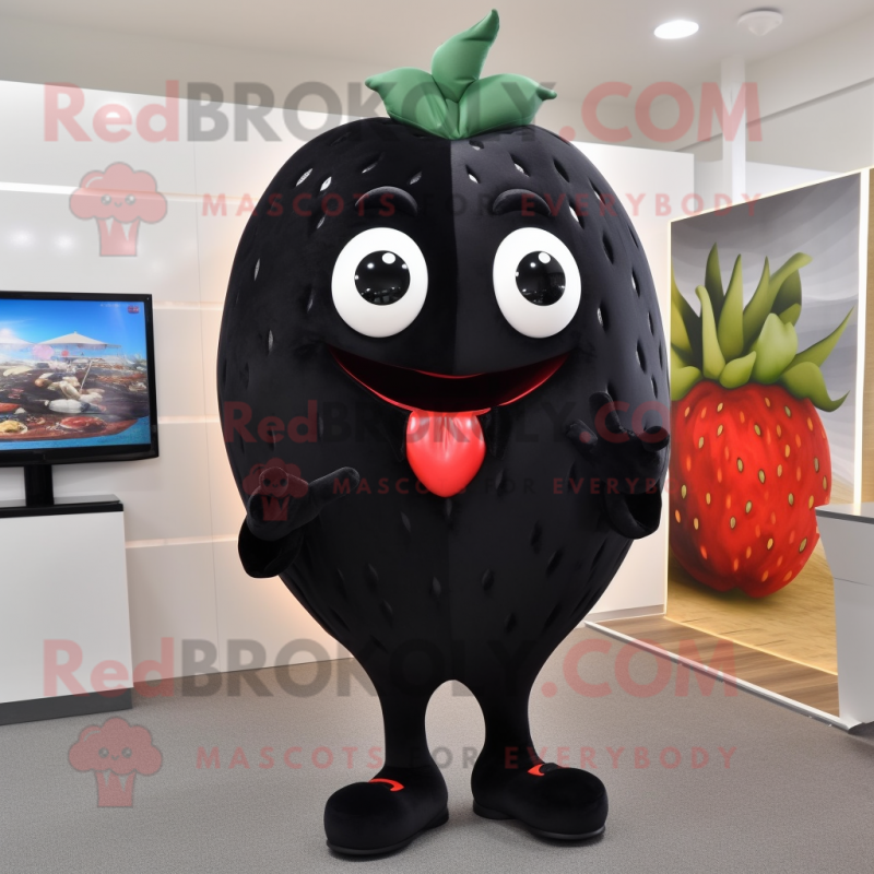 Black Strawberry mascot costume character dressed with a Suit Pants and Earrings Black Strawberry mascot costume character dressed with a Suit Pants and Earrings