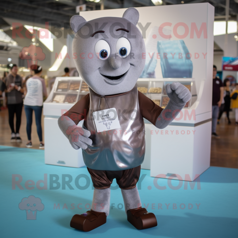 Silver Chocolate Bar mascot costume character dressed with a V-Neck Tee and Anklets Silver Chocolate Bar mascot costume character dressed with a V-Neck Tee and Anklets