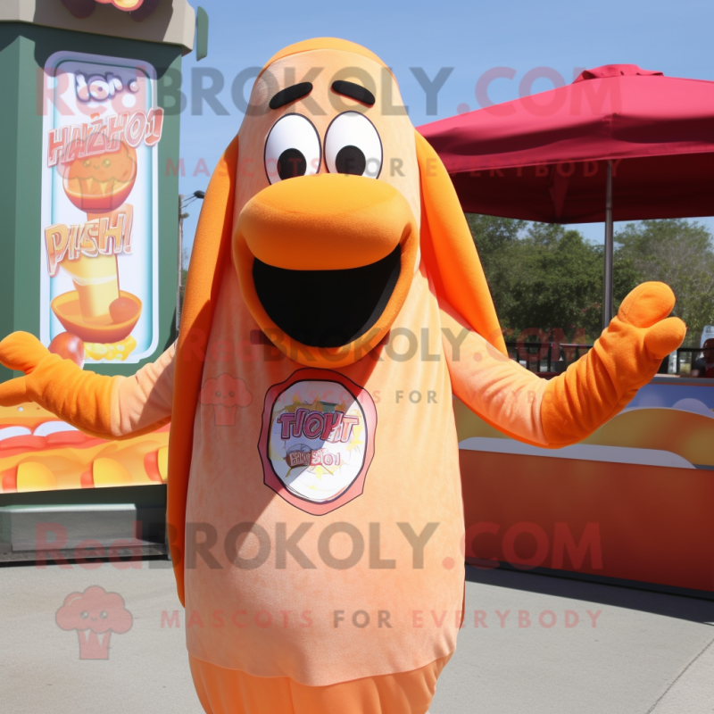 Peach Hot Dogs mascot costume character dressed with a Tank Top and Shawls