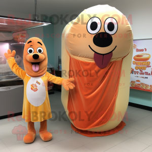 Peach Hot Dogs mascot costume character dressed with a Tank Top and Shawls