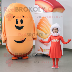 Peach Hot Dogs mascot costume character dressed with a Tank Top and Shawls