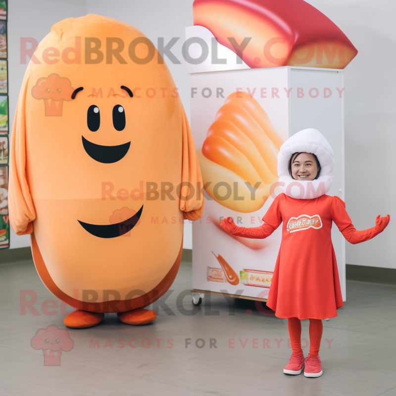 Peach Hot Dogs mascot costume character dressed with a Tank Top and Shawls Peach Hot Dogs mascot costume character dressed with a Tank Top and Shawls