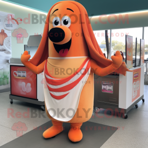 Peach Hot Dogs mascot costume character dressed with a Tank Top and Shawls