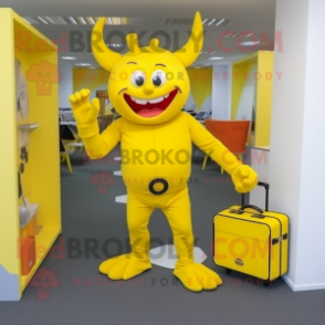 Yellow Devil mascot costume character dressed with a Trousers and Briefcases