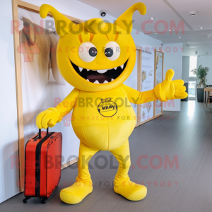 Yellow Devil mascot costume character dressed with a Trousers and Briefcases