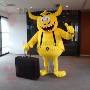 Yellow Devil mascot costume character dressed with a Trousers and Briefcases