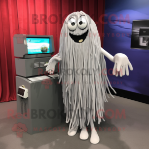 Silver Spaghetti mascot costume character dressed with a Midi Dress and Wallets