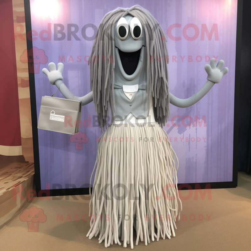 Silver Spaghetti mascot costume character dressed with a Midi Dress and Wallets Silver Spaghetti mascot costume character dressed with a Midi Dress and Wallets