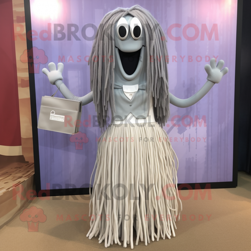 Silver Spaghetti mascot costume character dressed with a Midi Dress and Wallets