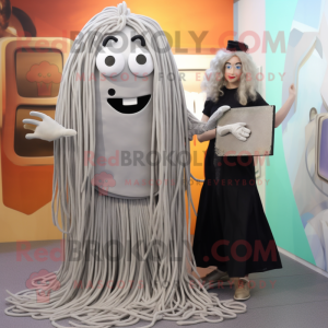 Silver Spaghetti mascot costume character dressed with a Midi Dress and Wallets