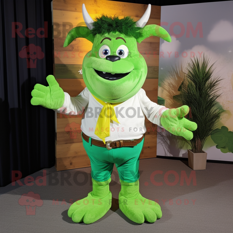 Lime Green Yak mascot costume character dressed with a Henley Shirt and Bow ties