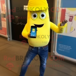 Lemon Yellow Steak mascot costume character dressed with a Bootcut Jeans and Smartwatches