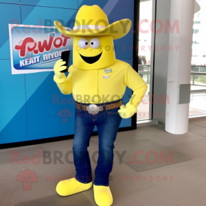 Lemon Yellow Steak mascot costume character dressed with a Bootcut Jeans and Smartwatches