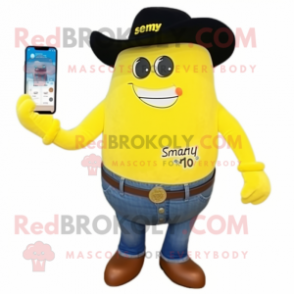 Lemon Yellow Steak mascot costume character dressed with a Bootcut Jeans and Smartwatches