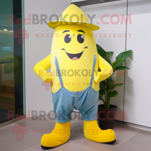 Lemon Yellow Steak mascot costume character dressed with a Bootcut Jeans and Smartwatches