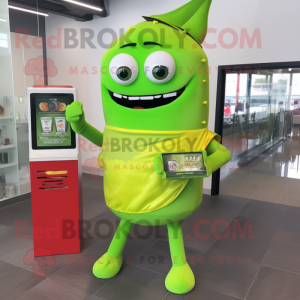 Lime Green Tacos mascot costume character dressed with a Sheath Dress and Digital watches