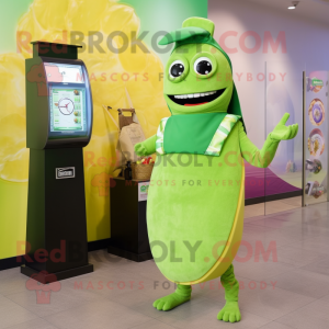 Lime Green Tacos mascot costume character dressed with a Sheath Dress and Digital watches