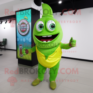 Lime Green Tacos mascot costume character dressed with a Sheath Dress and Digital watches