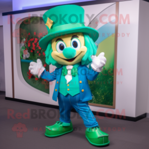 Cyan Leprechaun Hat mascot costume character dressed with a Windbreaker and Belts