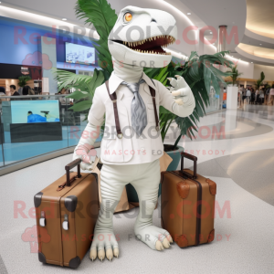 White Tyrannosaurus mascot costume character dressed with a Romper and Briefcases