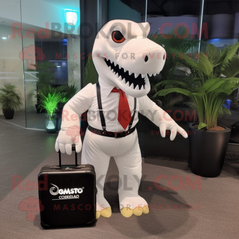 White Tyrannosaurus mascot costume character dressed with a Romper and Briefcases