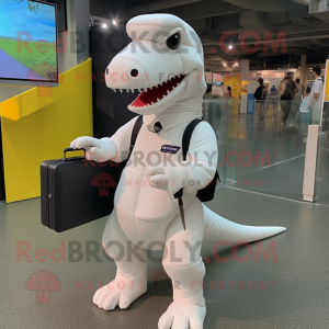 White Tyrannosaurus mascot costume character dressed with a Romper and Briefcases