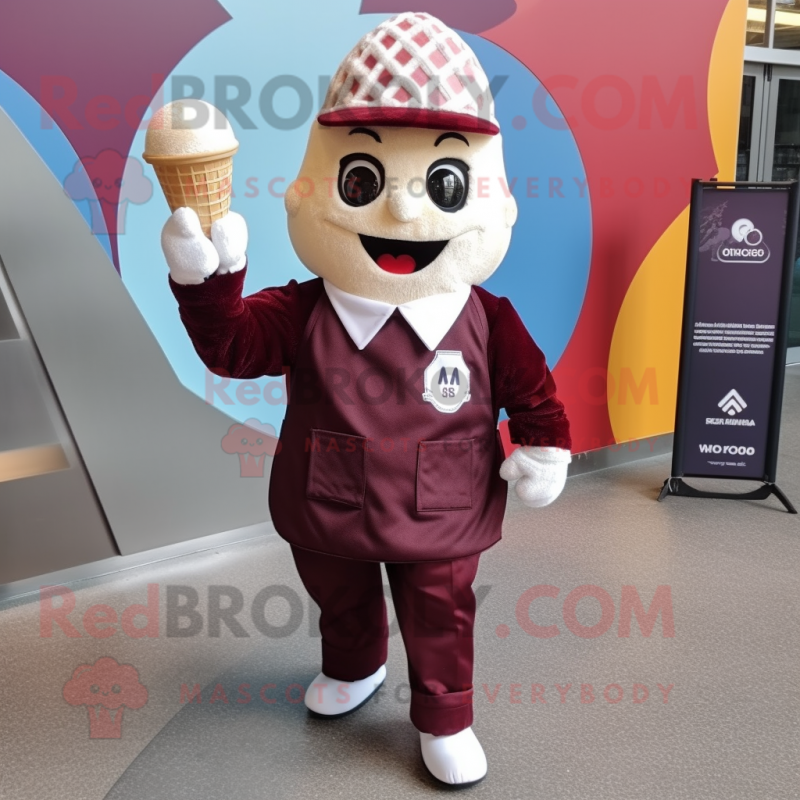 Maroon Ice Cream Cone mascot costume character dressed with a Overalls and Cummerbunds Maroon Ice Cream Cone mascot costume character dressed with a Overalls and Cummerbunds