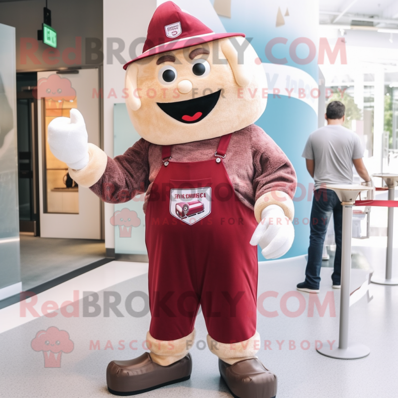 Maroon Ice Cream Cone mascot costume character dressed with a Overalls and Cummerbunds Maroon Ice Cream Cone mascot costume character dressed with a Overalls and Cummerbunds