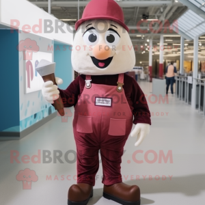 Maroon Ice Cream Cone mascot costume character dressed with a Overalls and Cummerbunds