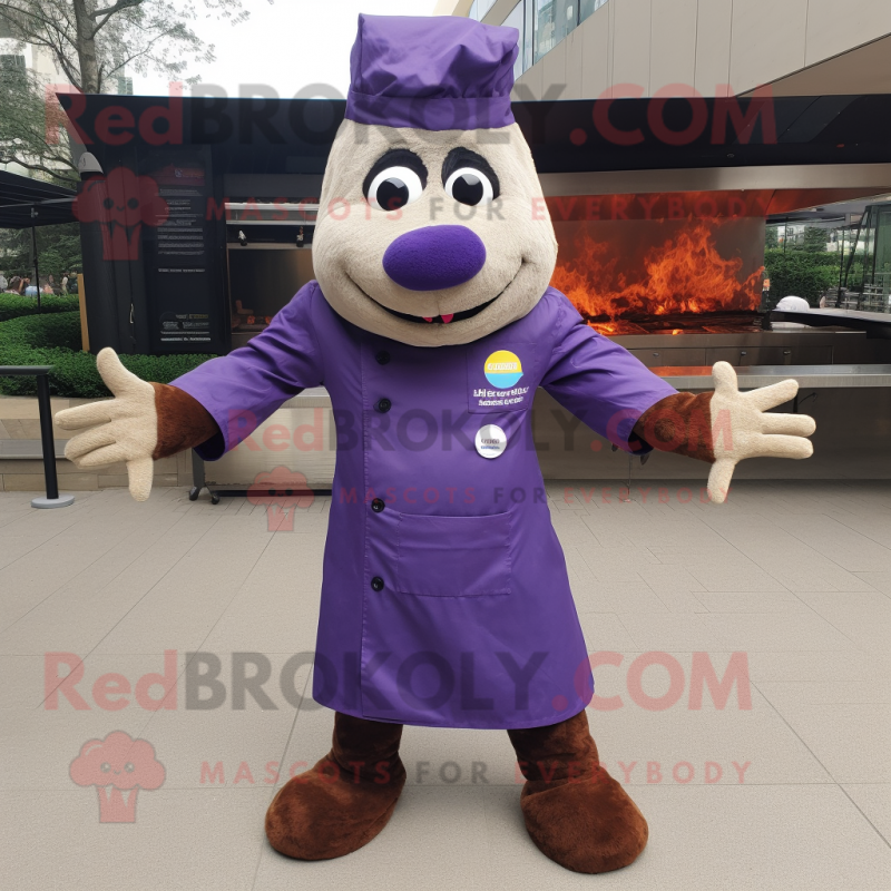 Purple Bbq Ribs mascot costume character dressed with a Parka and Suspenders Purple Bbq Ribs mascot costume character dressed with a Parka and Suspenders
