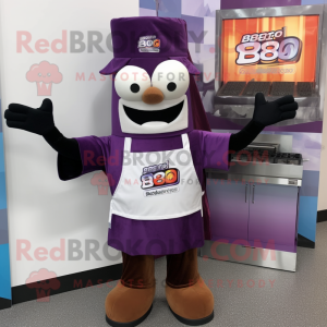Purple Bbq Ribs mascot costume character dressed with a Parka and Suspenders