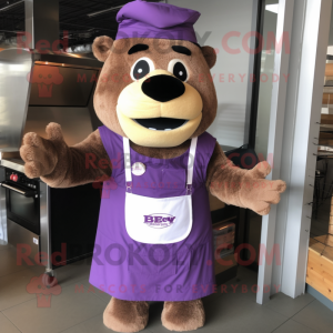 Purple Bbq Ribs mascot costume character dressed with a Parka and Suspenders