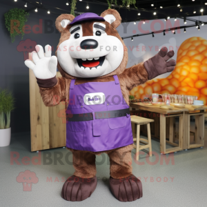 Purple Bbq Ribs mascot costume character dressed with a Parka and Suspenders