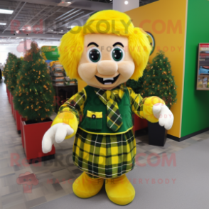 Yellow Bunch Of Shamrocks mascot costume character dressed with a Flannel Shirt and Bracelets