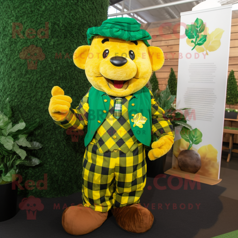 Yellow Bunch Of Shamrocks mascot costume character dressed with a Flannel Shirt and Bracelets