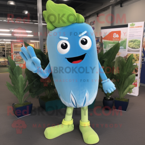 Sky Blue Celery mascot costume character dressed with a Flare Jeans and Lapel pins
