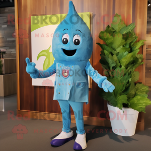 Sky Blue Celery mascot costume character dressed with a Flare Jeans and Lapel pins