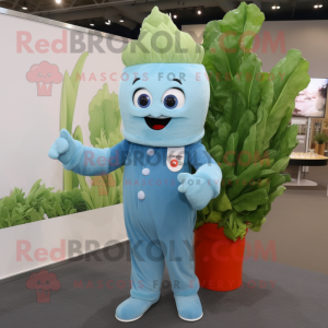 Sky Blue Celery mascot costume character dressed with a Flare Jeans and Lapel pins