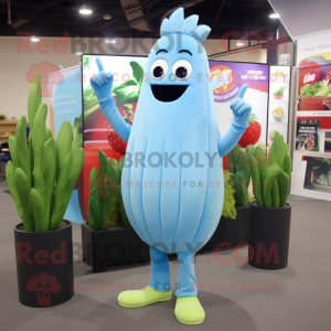 Sky Blue Celery mascot costume character dressed with a Flare Jeans and Lapel pins