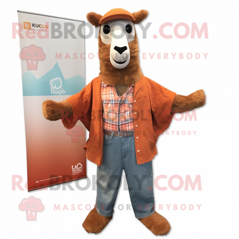 Rust Llama mascot costume character dressed with a Bootcut Jeans and Shawls Rust Llama mascot costume character dressed with a Bootcut Jeans and Shawls