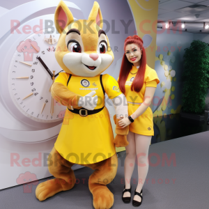 Yellow Squirrel mascot costume character dressed with a Mini Skirt and Digital watches