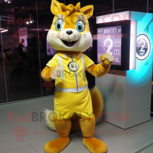 Yellow Squirrel mascot costume character dressed with a Mini Skirt and Digital watches