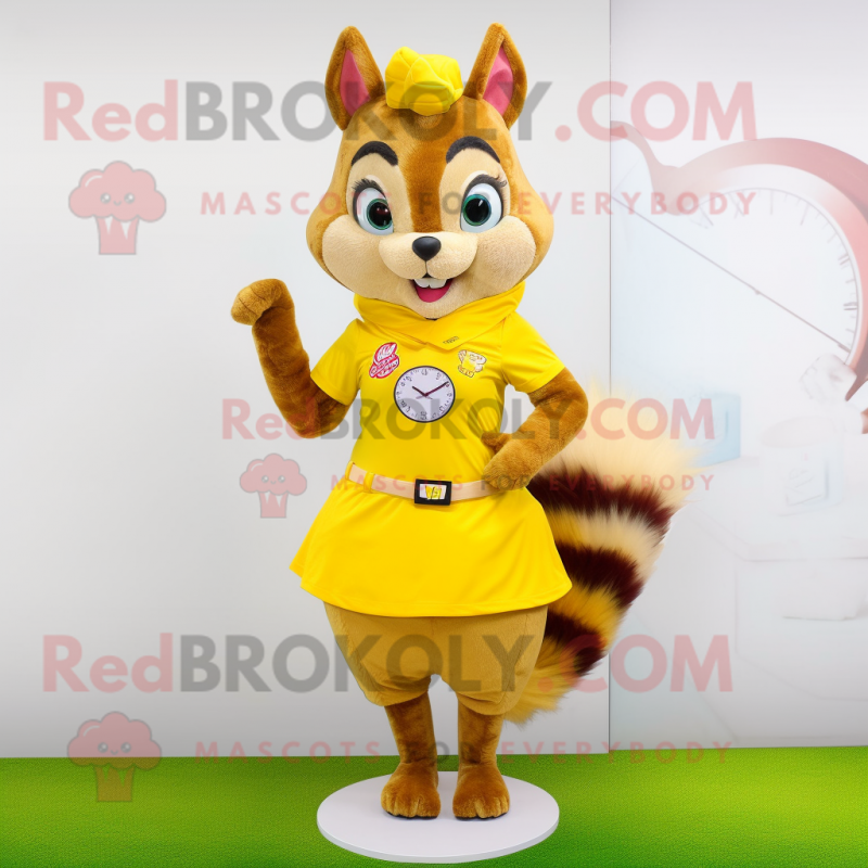 Yellow Squirrel mascot costume character dressed with a Mini Skirt and Digital watches