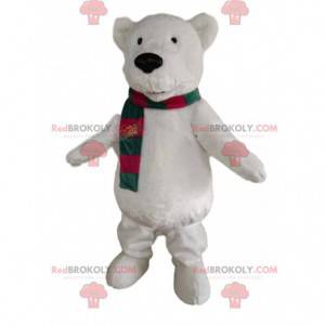 Mascota del oso polar con una bufanda verde y roja. -